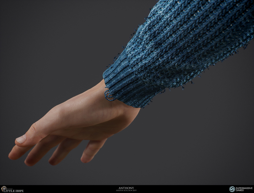 Little Hope, 3d game character, Anthony, blue jumper, blue sweater, knitting, frayes, Unreal Engine, Andor Kollar