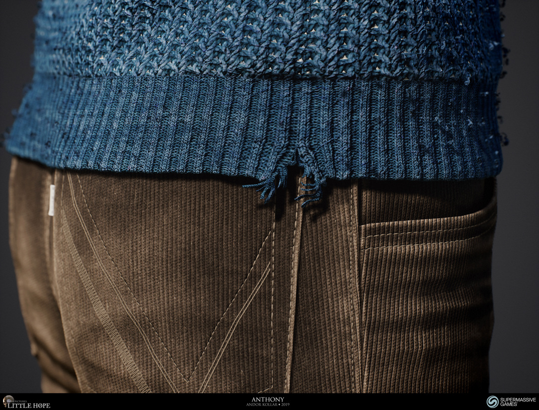 Little Hope, 3d game character, Anthony, brown pants, brown jeans, corduroy, blue jumper, blue sweater, knitting, frayes, Unreal Engine, Andor Kollar