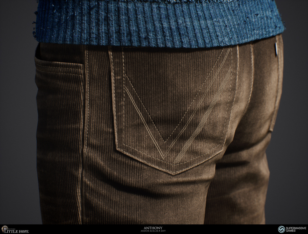 Little Hope, 3d game character, Anthony, brown pants, brown jeans, corduroy, blue jumper, blue sweater, knitting, frayes, Unreal Engine, Andor Kollar