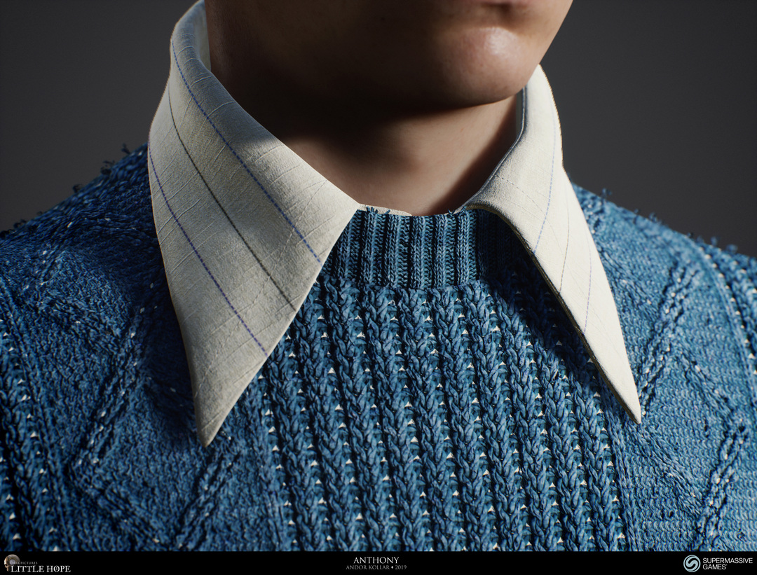 Little Hope, 3d game character, Anthony, blue jumper, blue sweater, knitting, frayes, big collar, Unreal Engine, Andor Kollar