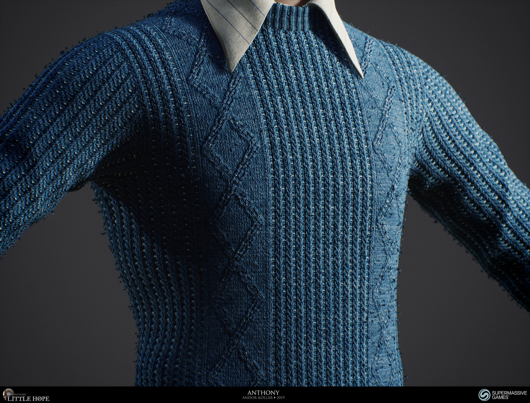 Little Hope, 3d game character, Anthony, blue jumper, blue sweater, knitting, frayes, big collar, Unreal Engine, Andor Kollar