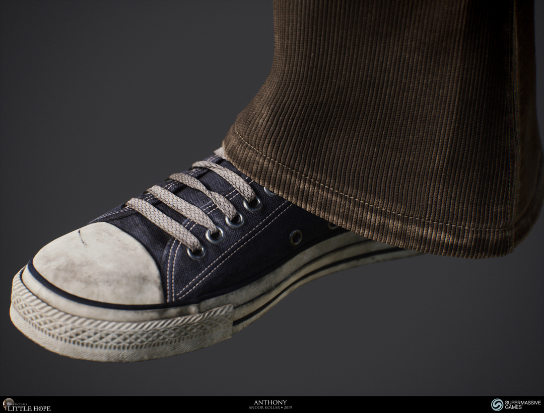 Little Hope, 3d game character, Anthony, brown flared pants, brown flared jeans, corduroy, shoe, plimsoll, Unreal Engine, Andor Kollar