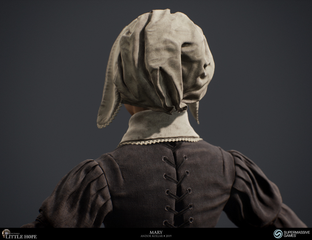 Little Hope, 3d game character, Mary, little girl with 17th century dress, bonnet, lace, Unreal Engine, Andor Kollar