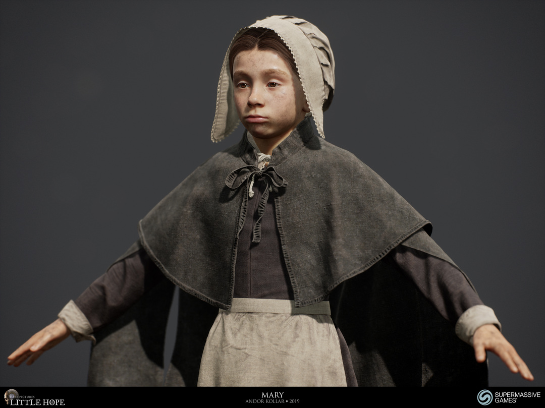 Little Hope, 3d game character, Mary, little girl with 17th century dress, bonnet, cloak, skirt, Unreal Engine, Andor Kollar