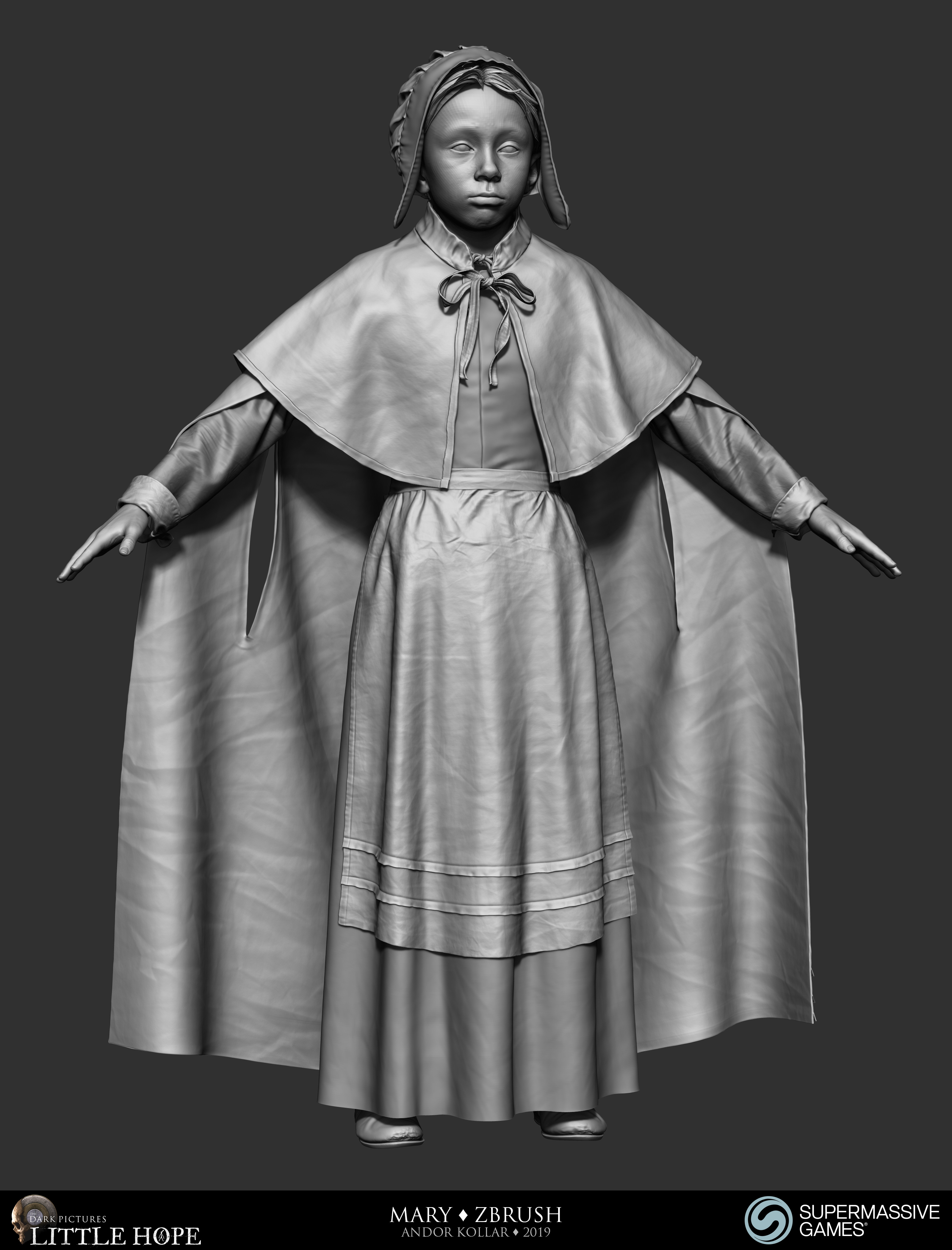 Little Hope, Mary, 3d character, ZBrush sculpting, 17th century dress, cloak, skirt, ribbon, lace, bonnet, Andor Kollar