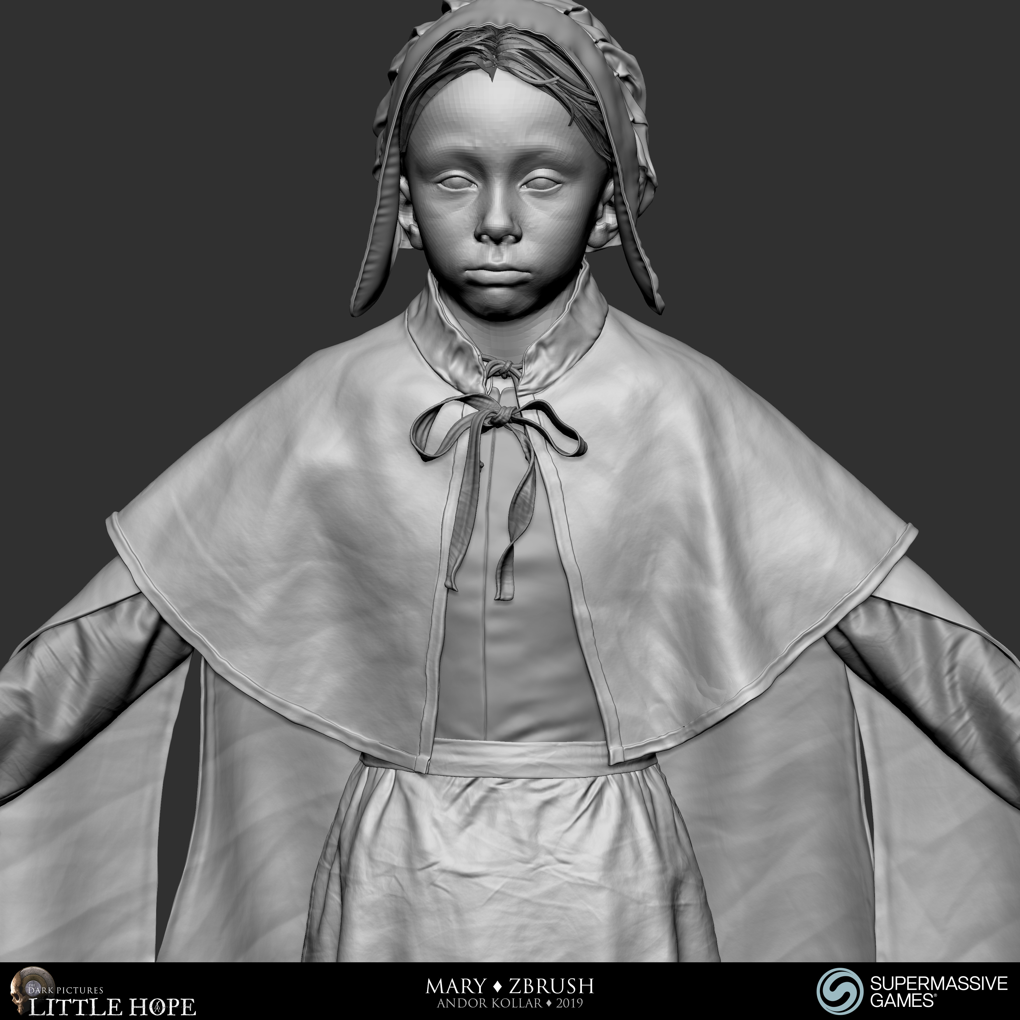 Little Hope, Mary, 3d character, ZBrush sculpting, 17th century dress, cloak, skirt, ribbon, lace, bonnet, Andor Kollar