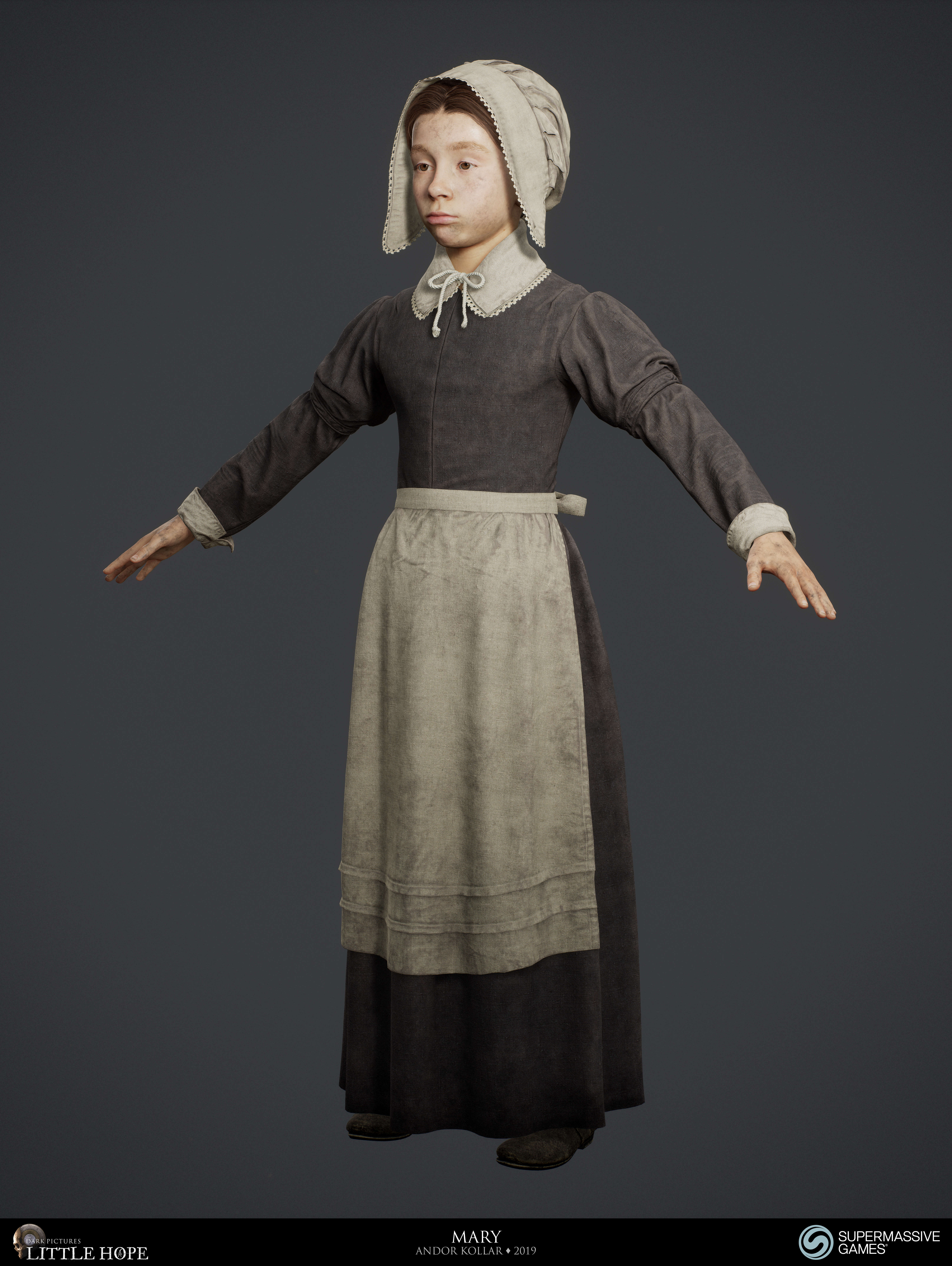 Little Hope, 3d game character, Mary, little girl with 17th century dress, bonnet, skirt, Unreal Engine, Andor Kollar