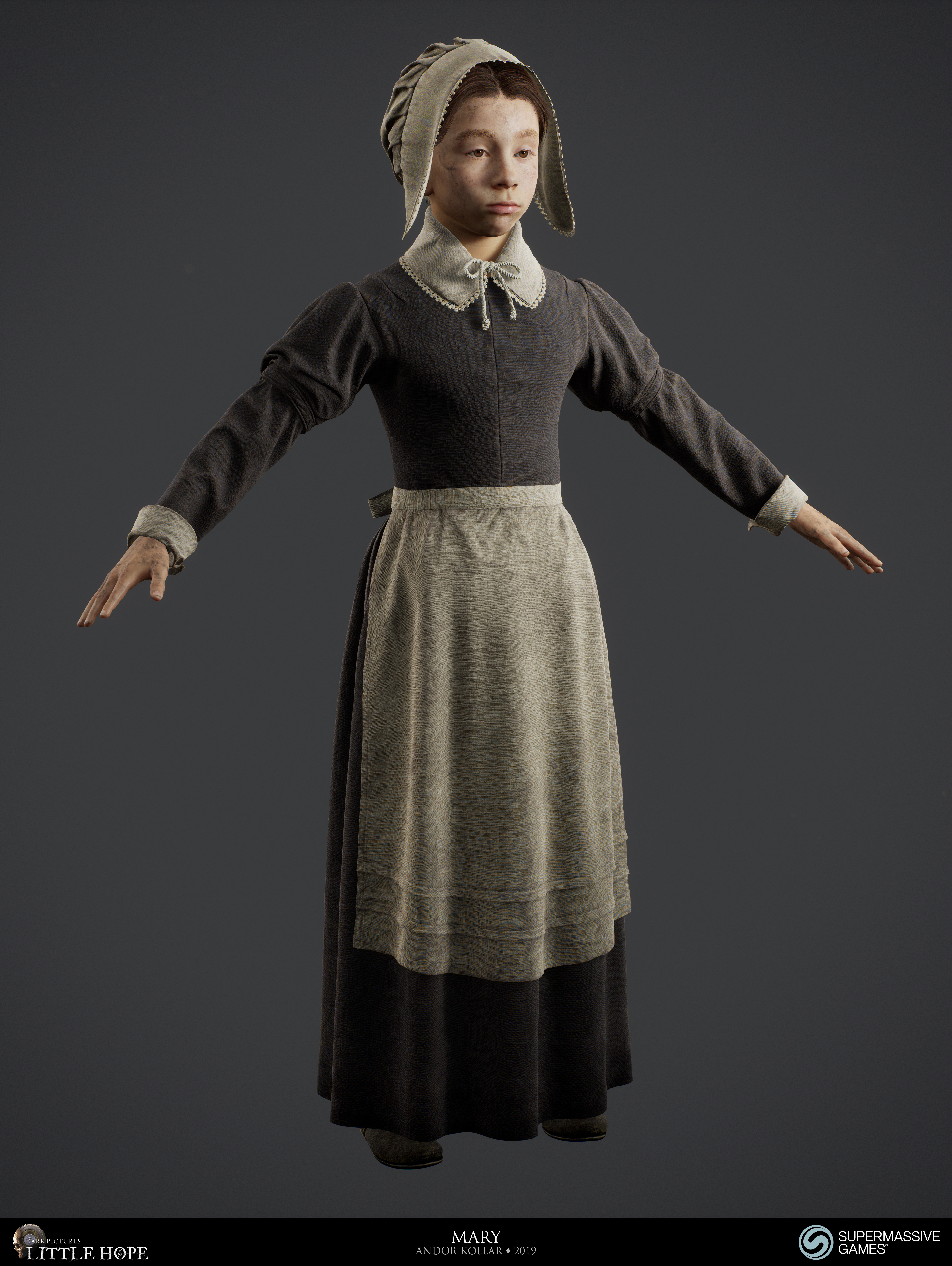 Little Hope, 3d game character, Mary, little girl with 17th century dress, bonnet, skirt, ribbon, Unreal Engine, Andor Kollar