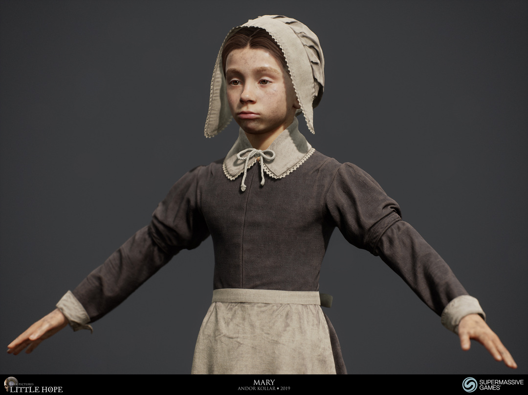 Little Hope, 3d game character, Mary, little girl with 17th century dress, bonnet, skirt, lace, Unreal Engine, Andor Kollar