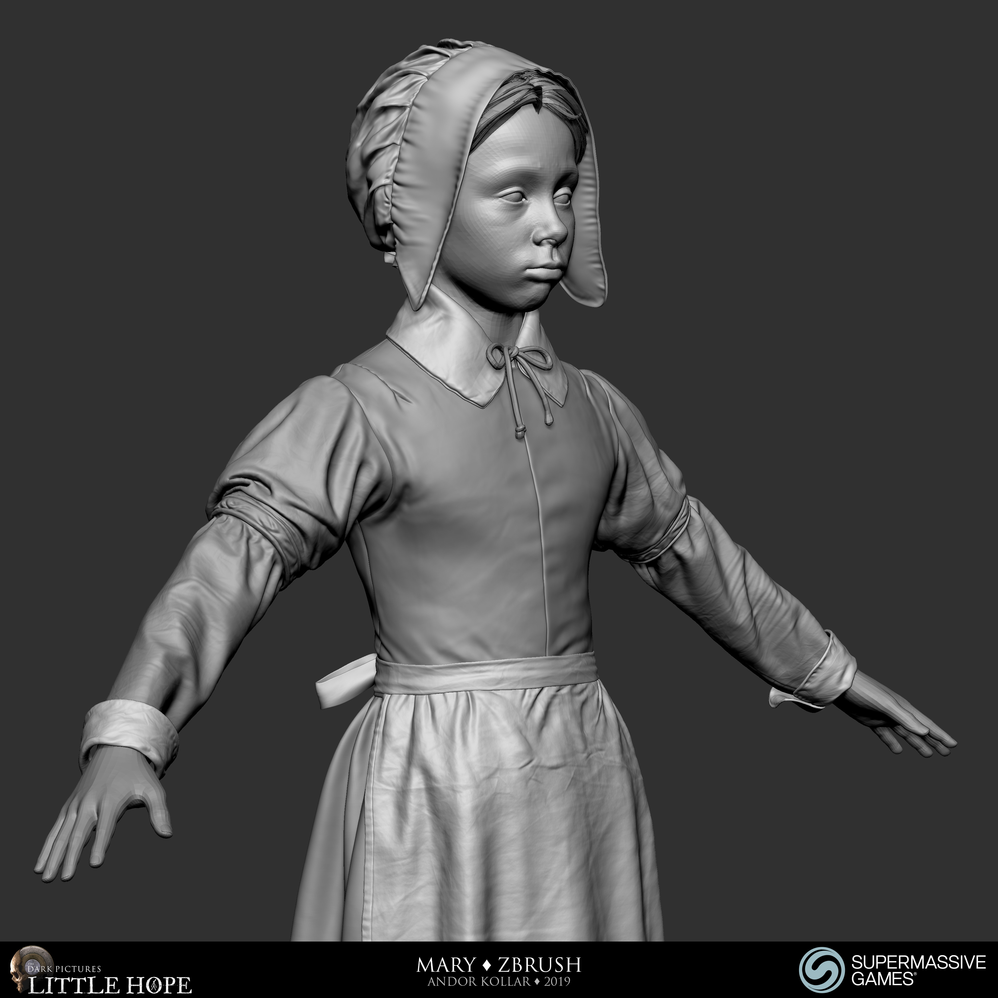 Little Hope, Mary, 3d character, ZBrush sculpting, 17th century dress, skirt, ribbon, lace, bonnet, Andor Kollar