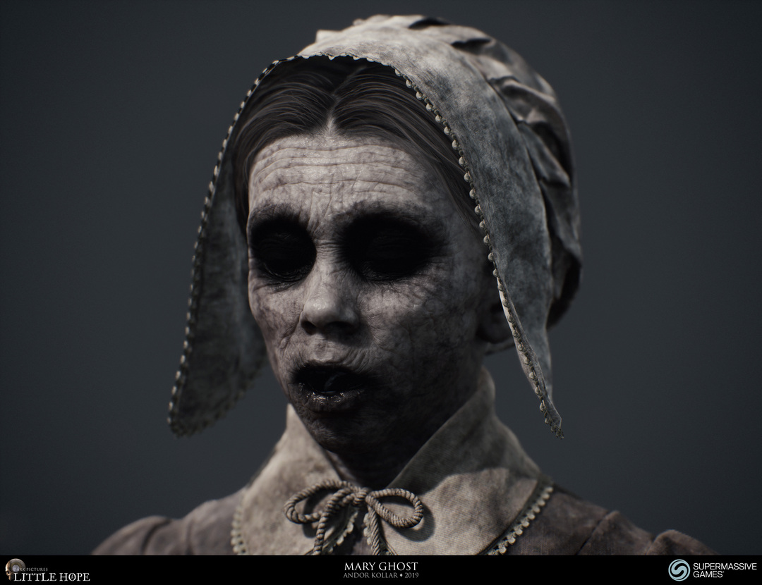 Little Hope, 3d game character, Mary, ghost, little girl with 17th century dress, bonnet, horror, Unreal Engine, Andor Kollar