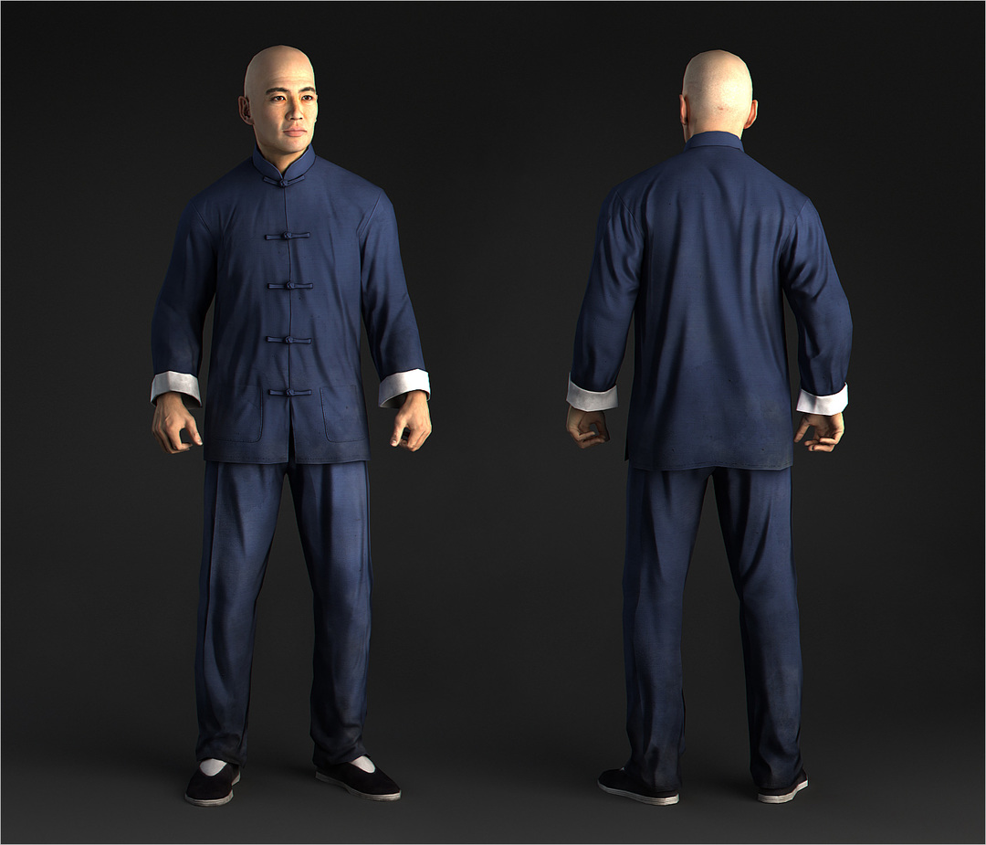 Chinese man wear blue chinese suit, game character in 3d