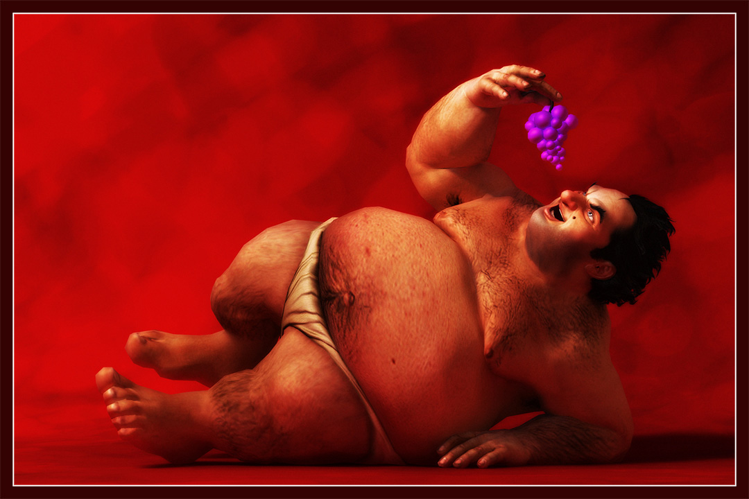 Lying ugly naked hairy fat man eat grapes, red background, Lucullus, Lucullan