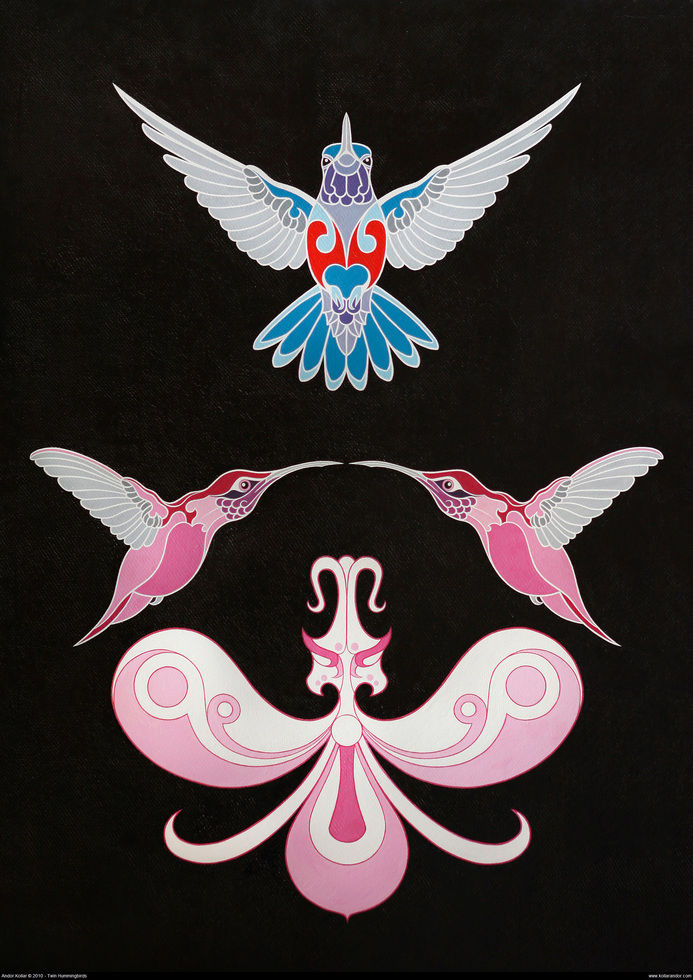 Andor Kollar, Twin pink hummingbirds with a pink orchid, Flying and rising blue hummingbird with a big wing, oil painting