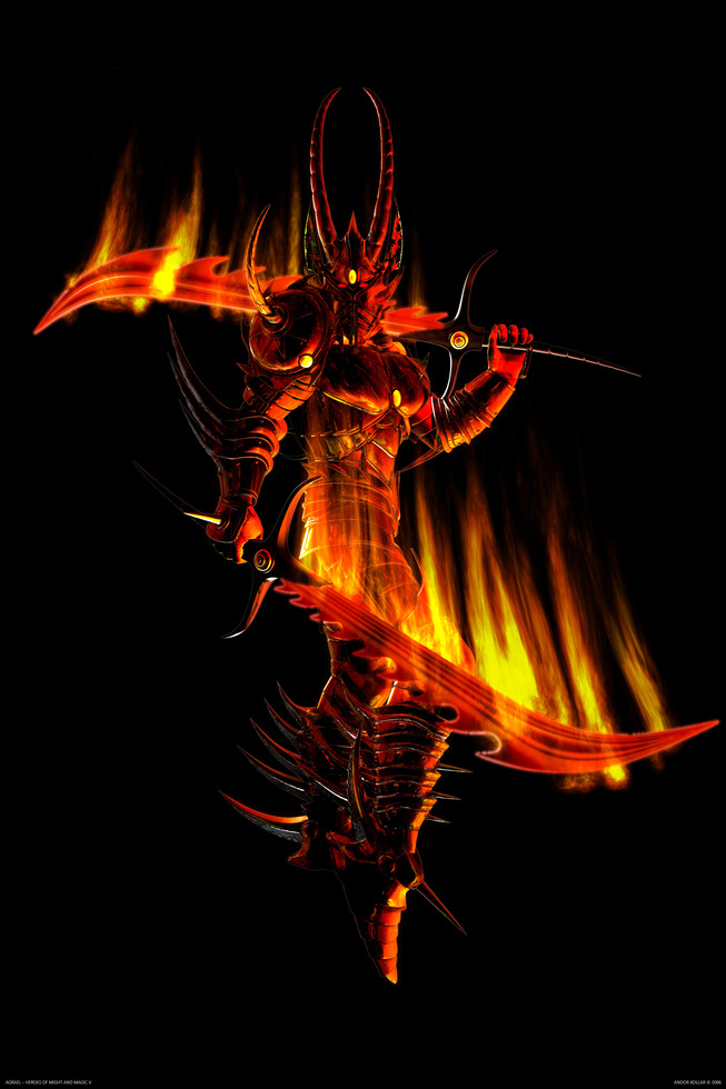 Agrael from Heroes of Might and Magic V, demon lord with red flaming swords
