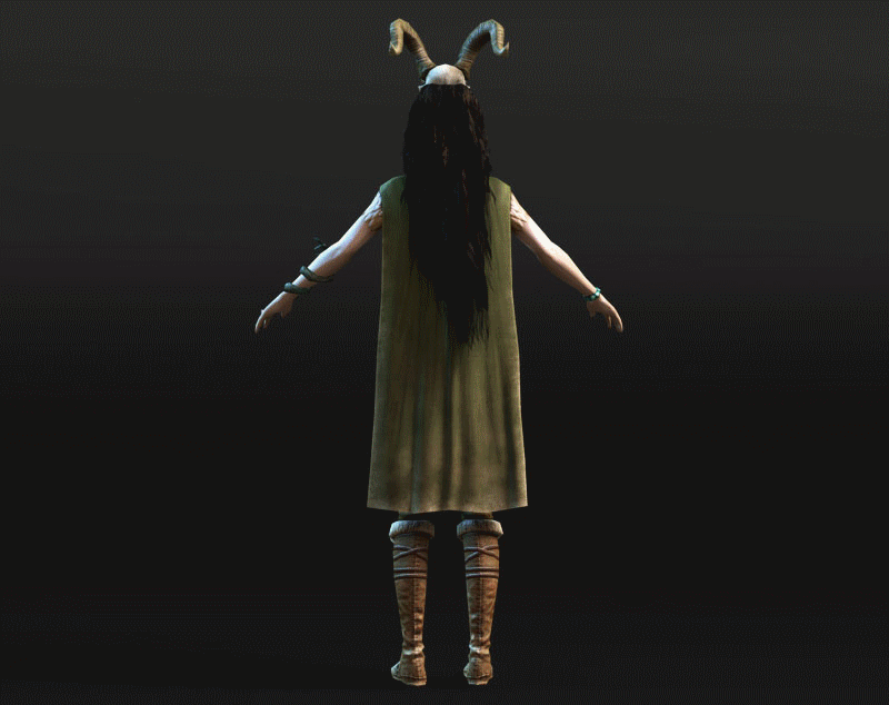 Elf Druid, Witcher game character, sorceress, goat skull on head, turntable gif animation