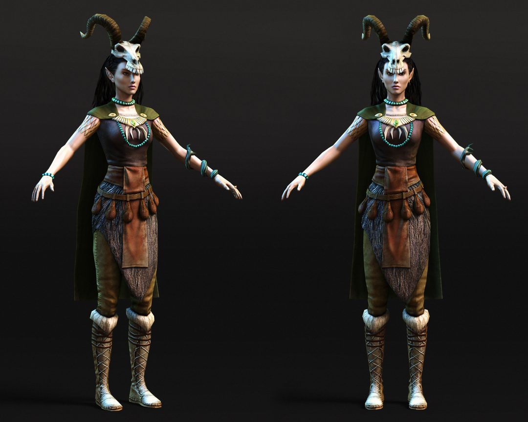 Elf Druid, Witcher game character, sorceress, goat skull on head