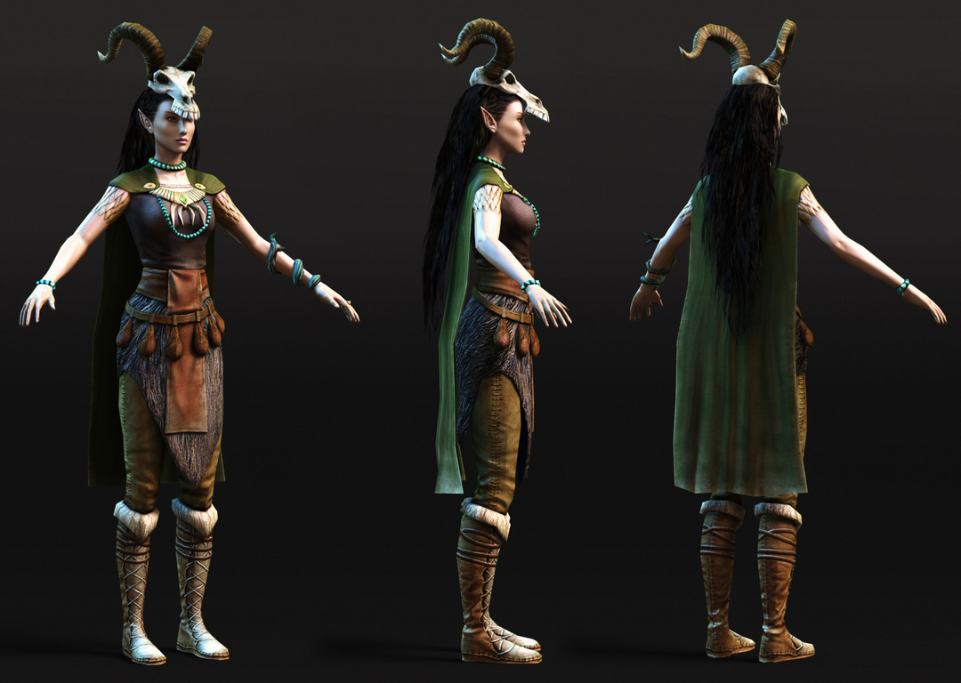 Elf Druid, Witcher game character, sorceress, goat skull on head
