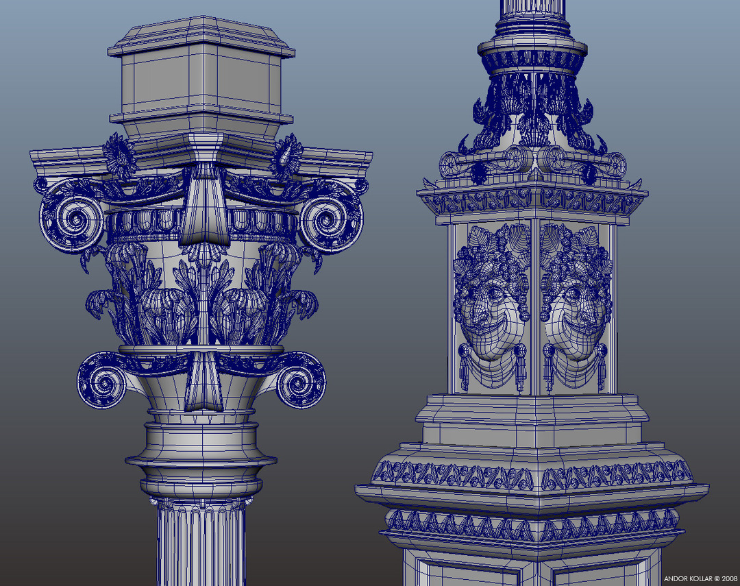 3d wireframe decorative Roman and Greek composite column with Ionic and Corinthian elements