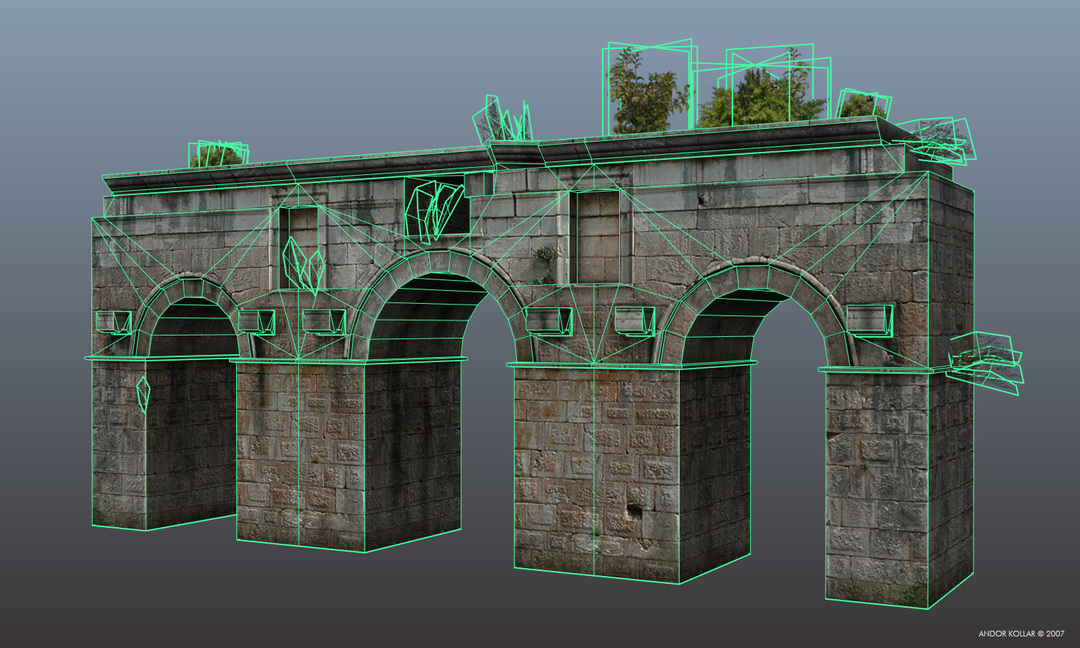 Low polygon ancient ruined city gate wireframe in Maya