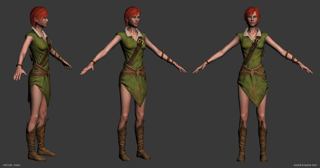 Shani character from Witcher game, 3ds Max screenshot, red haired girl in green dress