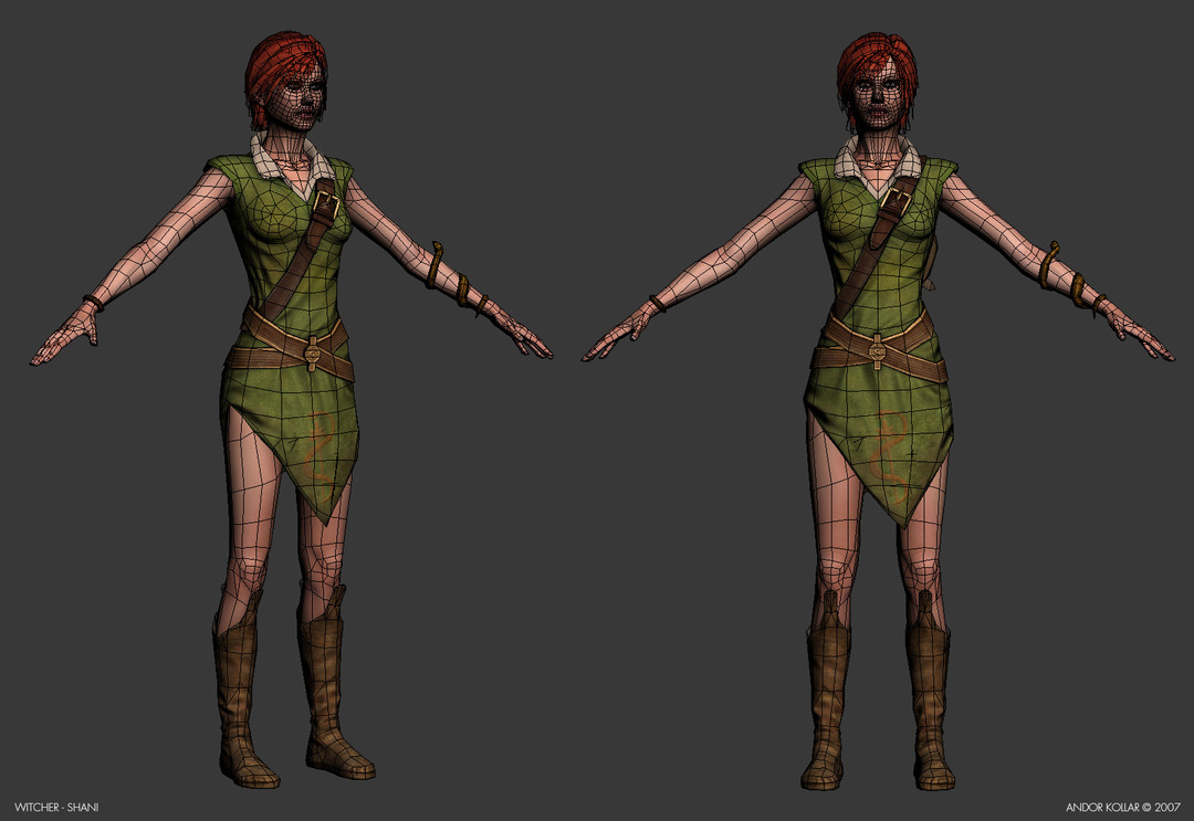 Shani character from Witcher game, 3ds Max wireframe screenshot, red haired girl in green dress