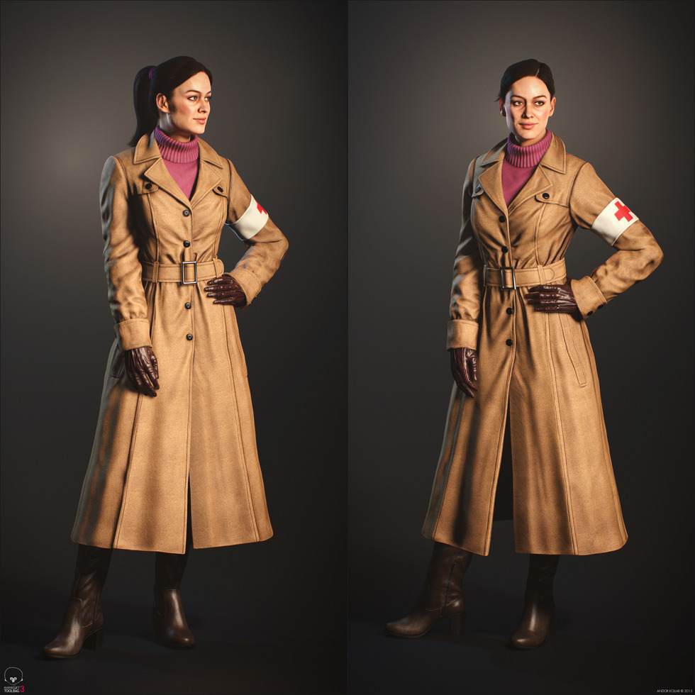 Nice girl character with ponytail and trench coat with sweater in Marmoset Toolbag