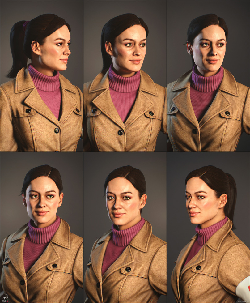 Nice girl character portrait with ponytail and trench coat with sweater in Marmoset Toolbag
