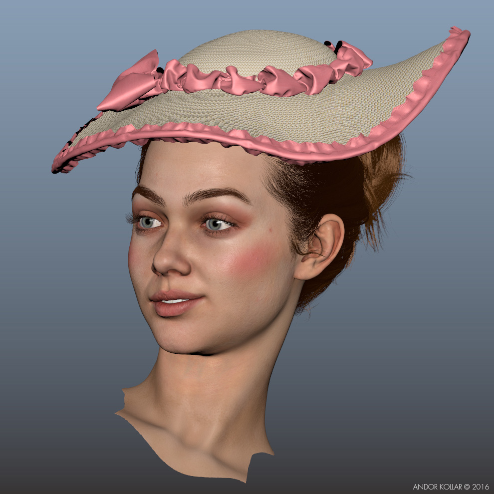 Woman, girl character wearing hat with XGen bun hair in Maya