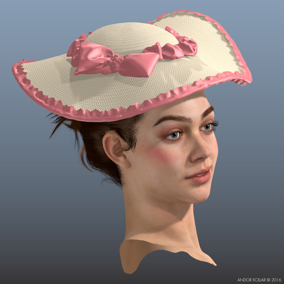 The Swing 3d Lady Head with Maya XGen Bun Hair and Colonial Straw Woman Hat