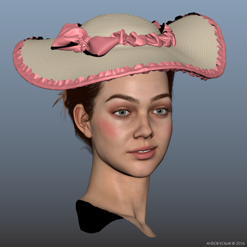 Woman, girl character wearing hat with XGen bun hair in Maya