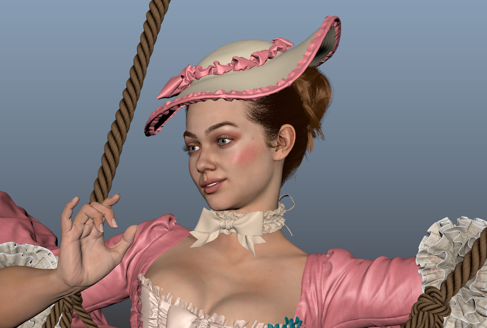 Andor Kollar, pink Lady with bun hair with fancy woman hat in 3d