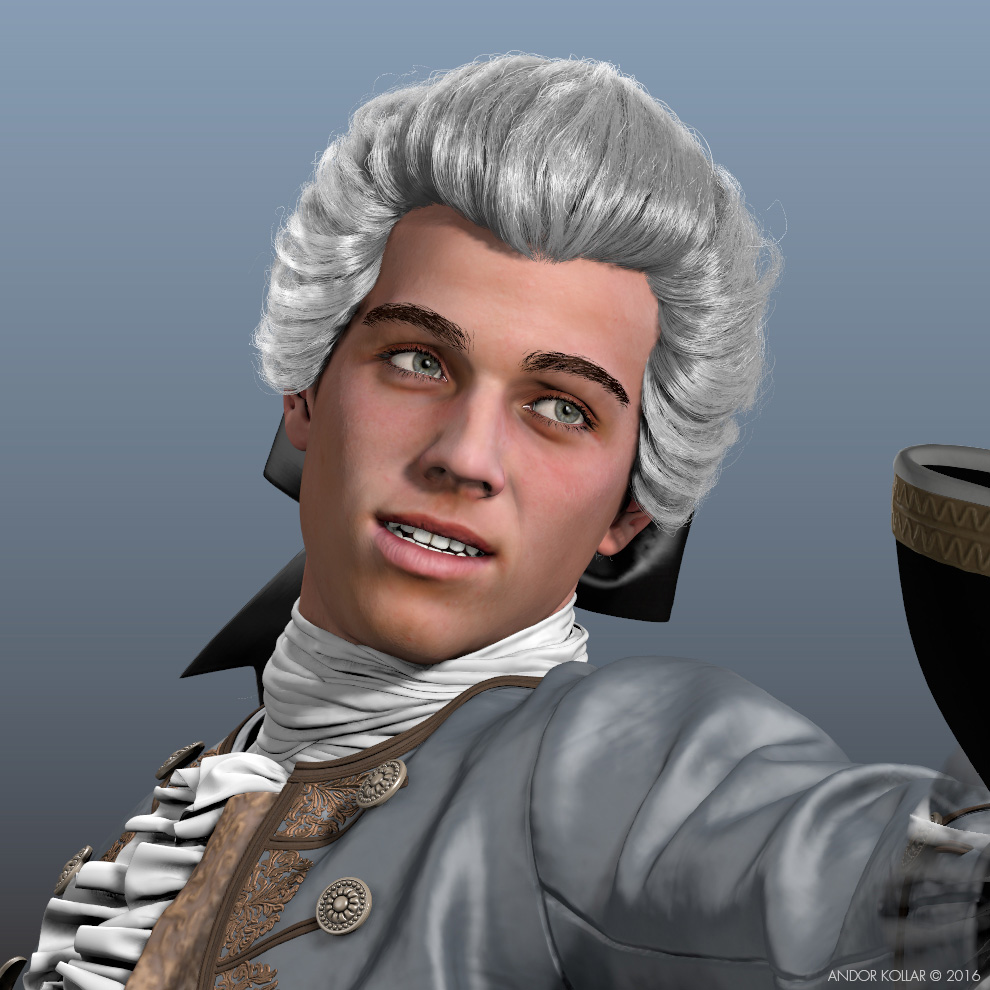 3d Man Aristocrat Character with Maya XGen Hair 18th Century Wig and with Bow
