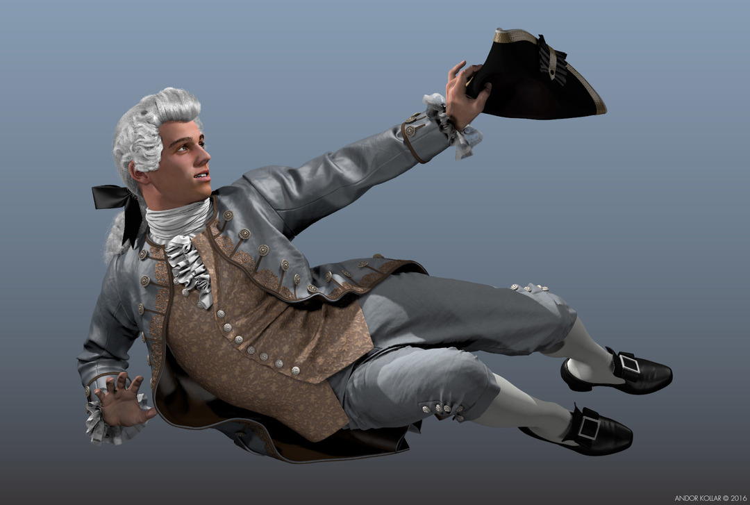 3d 18th century aristocrat character with justacorp coat, white wig and tricorn hat in Maya