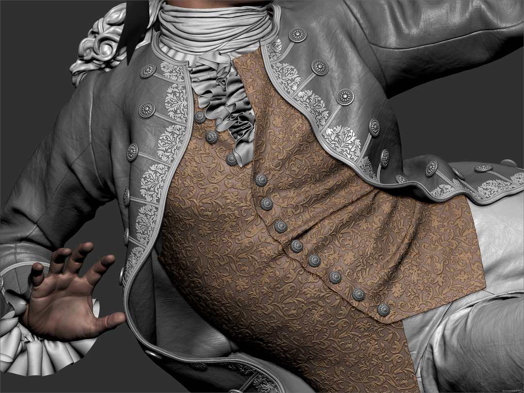 Character sculpting with 18th century rich aristocrats costume in ZBrush, vest, ruffles, patterns