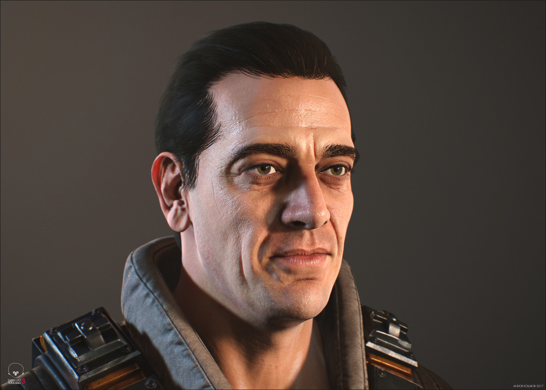 3d game soldier with the face of Jeffrey Dean Morgan with polygon hair