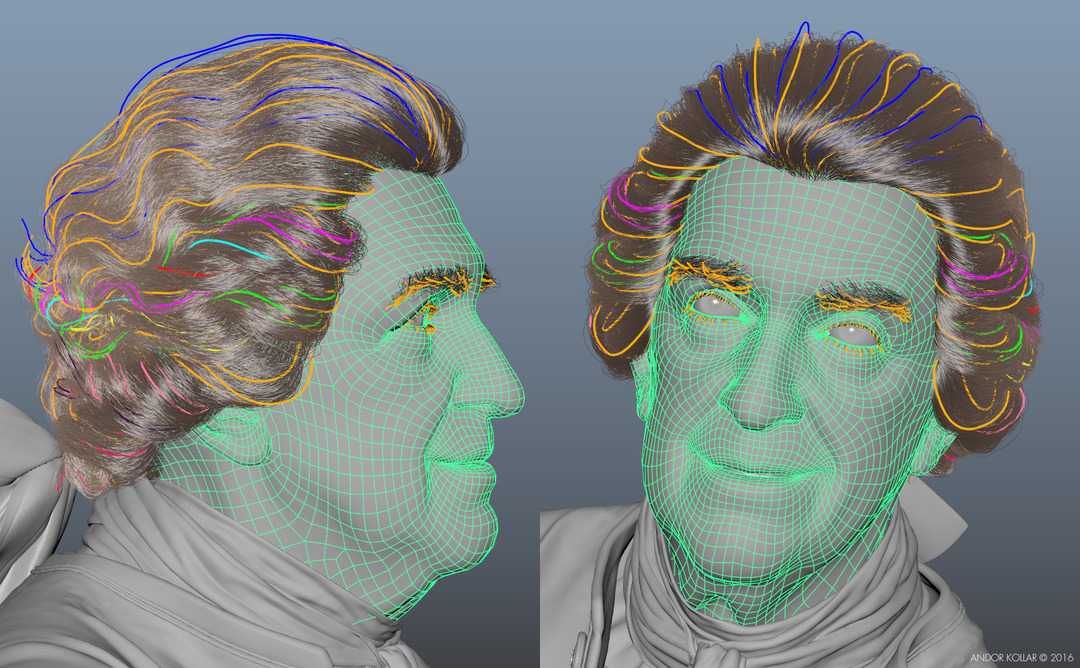 3d old man head with Maya XGen wig hair guide curve