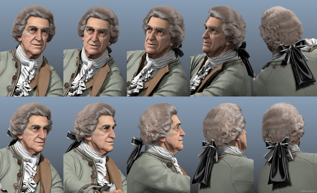 3d smiling old man character head with Maya XGen 18th century wig hair with bow and aristocrat costume