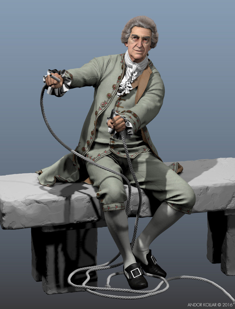 18th century aristocrat character with justacorp coat and wig in Maya 3d