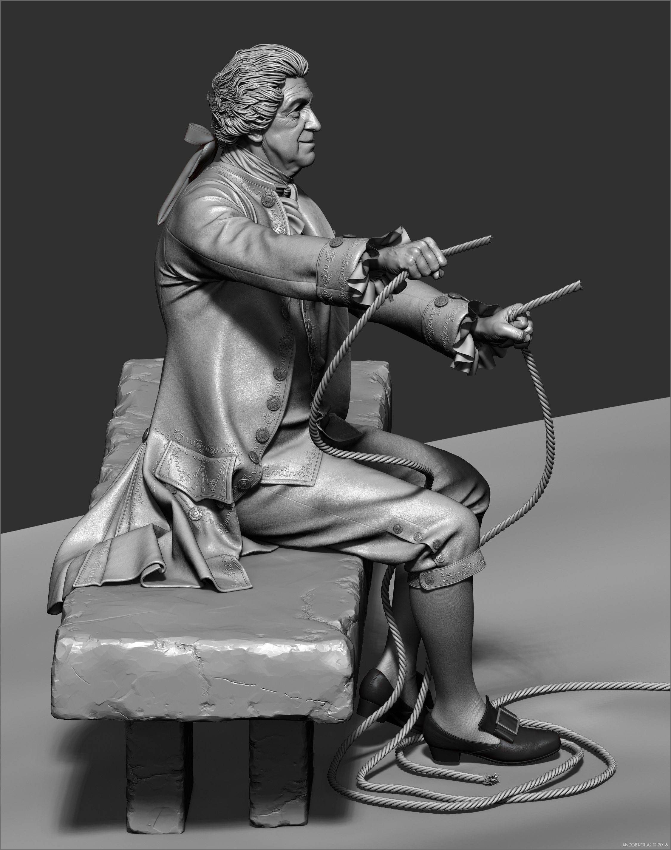 3d old man character detailed clothes in ZBrush with 18th century wig and aristocrat costume and rope in hand