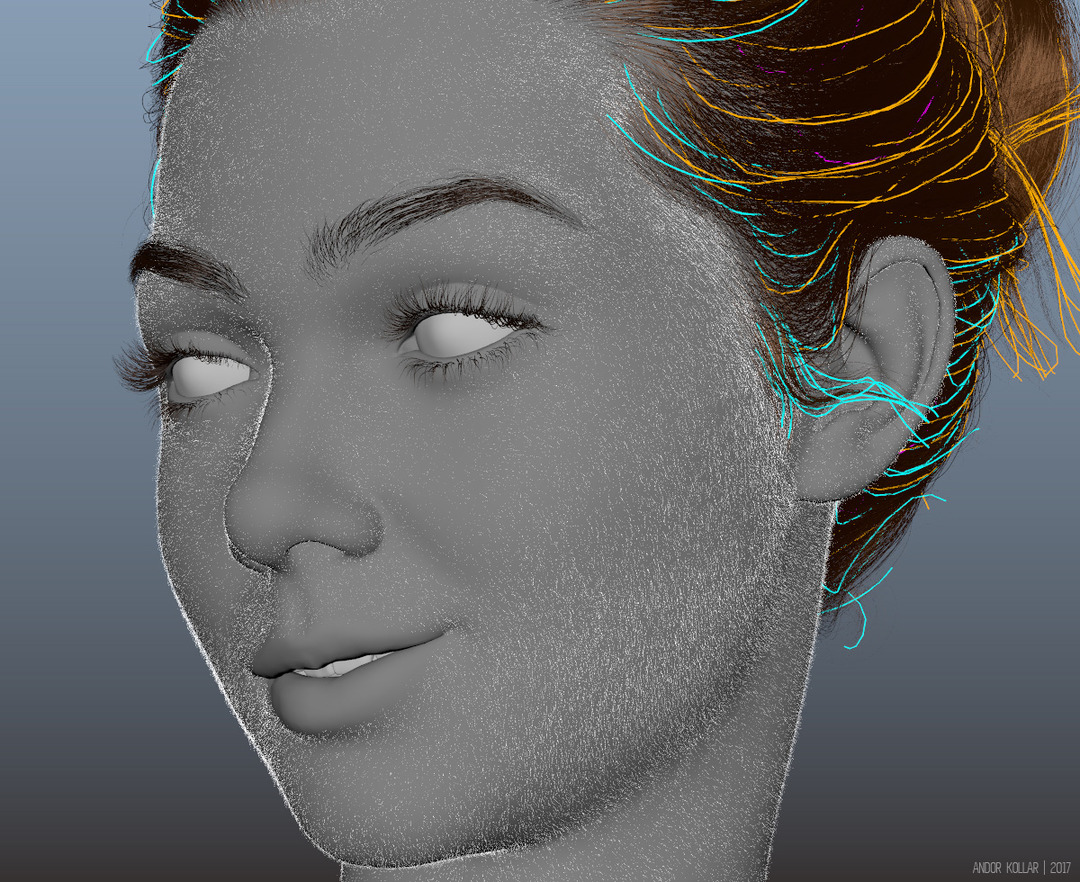 3d gril face in Maya with XGen hair, eyelahses, eyebrows and peach fuzz