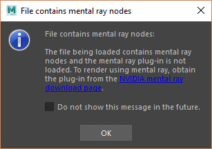 Maya mental ray nodes warning error message
