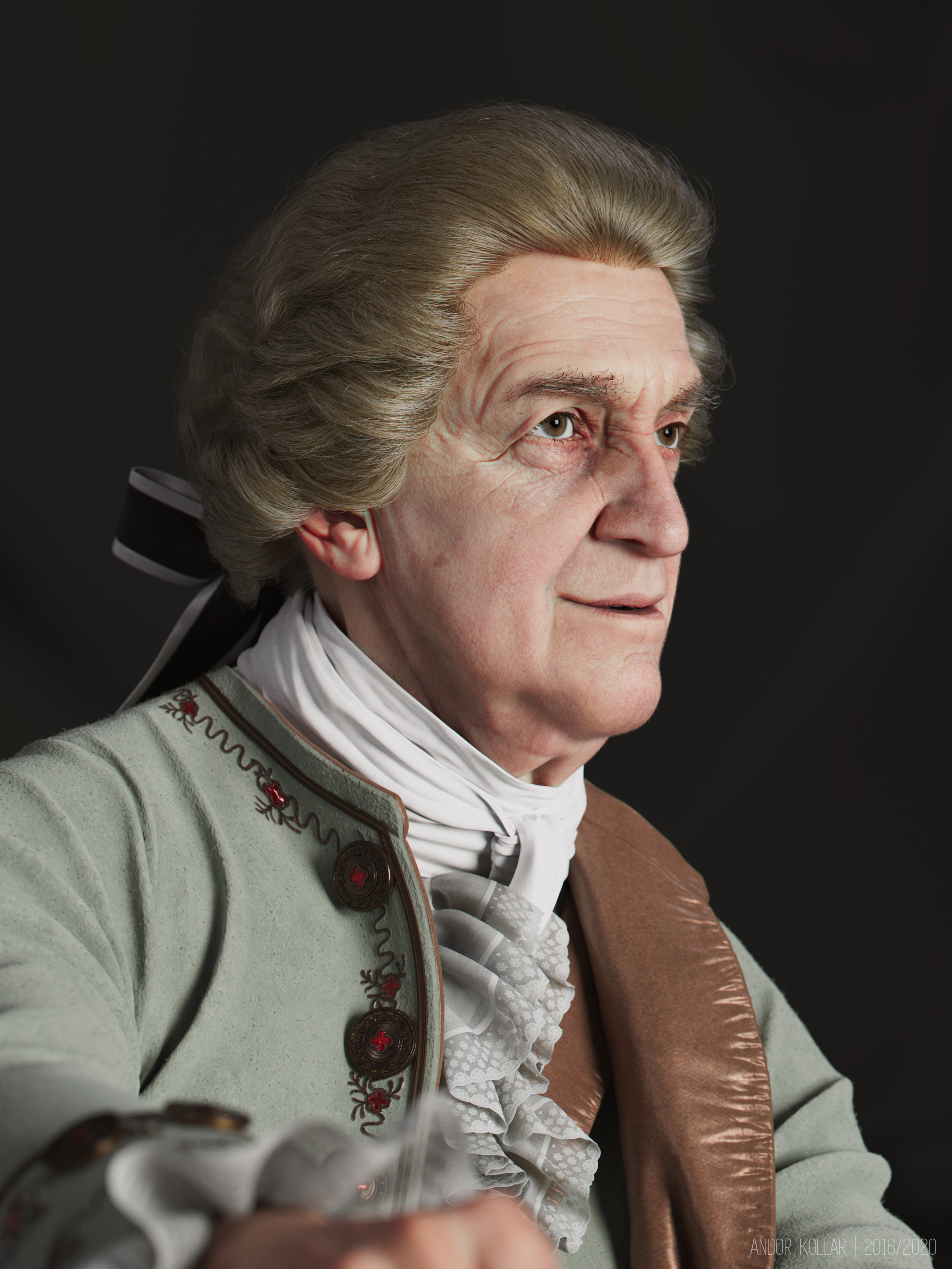 3d artwork of Andor Kollar in Maya with Arnold renderer, head, XGen hair, Jonathan Pryce as aristocrat with 18th costume, laces, scarf, wig and bow