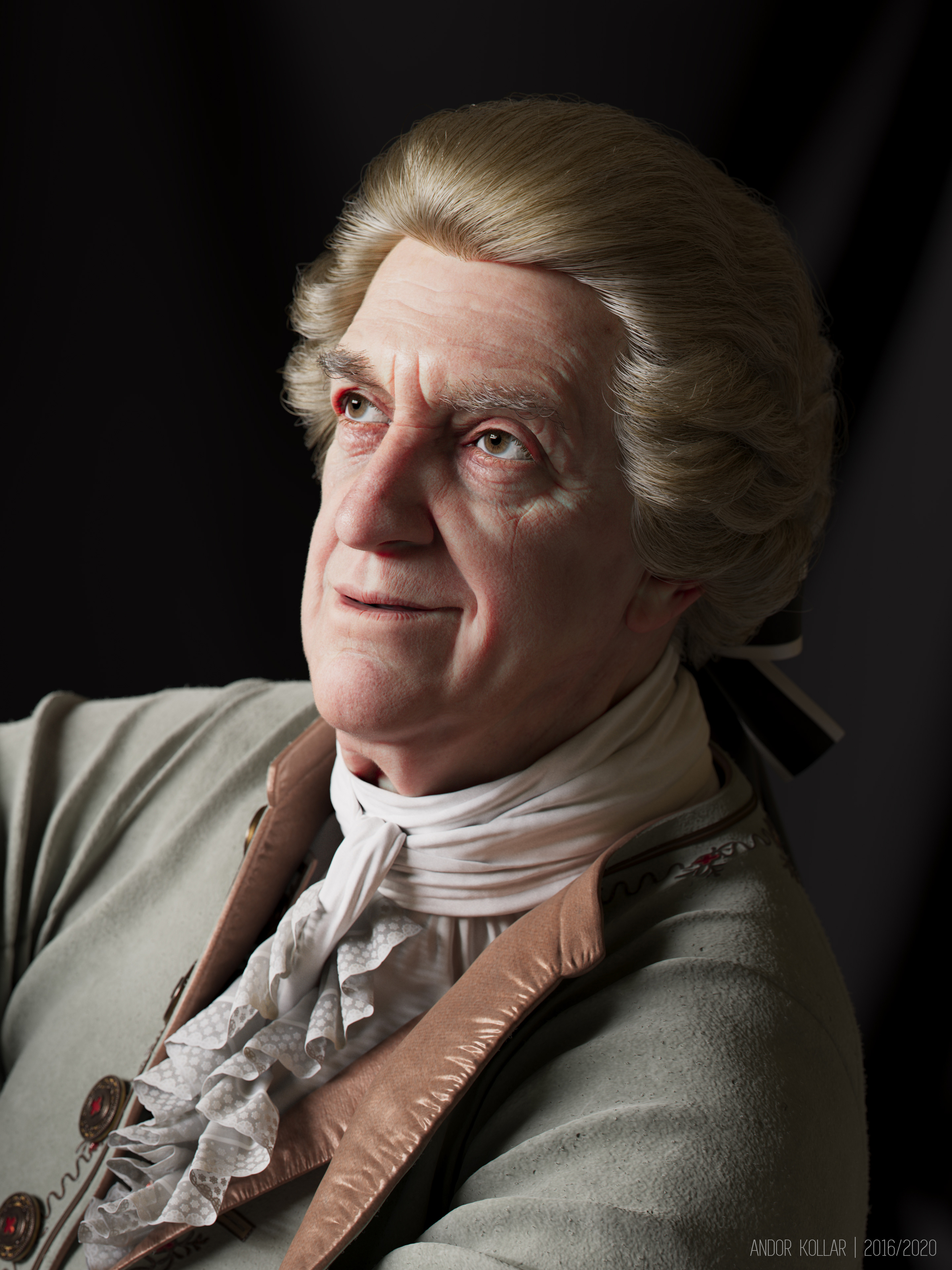 Jonathan Pryce as aristocrat in 18th costume, laces, scarf, wig and bow, 3d artwork of Andor Kollar in Maya, head and XGen hair in Arnold render