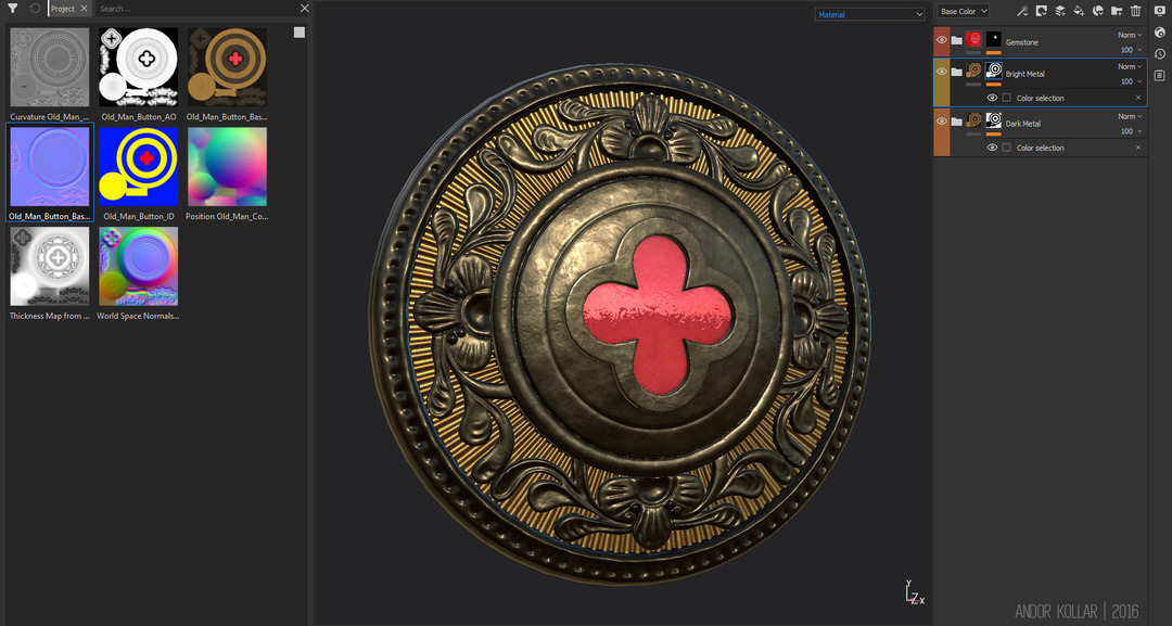 Decorative metal button with gemstone in Substance Painter