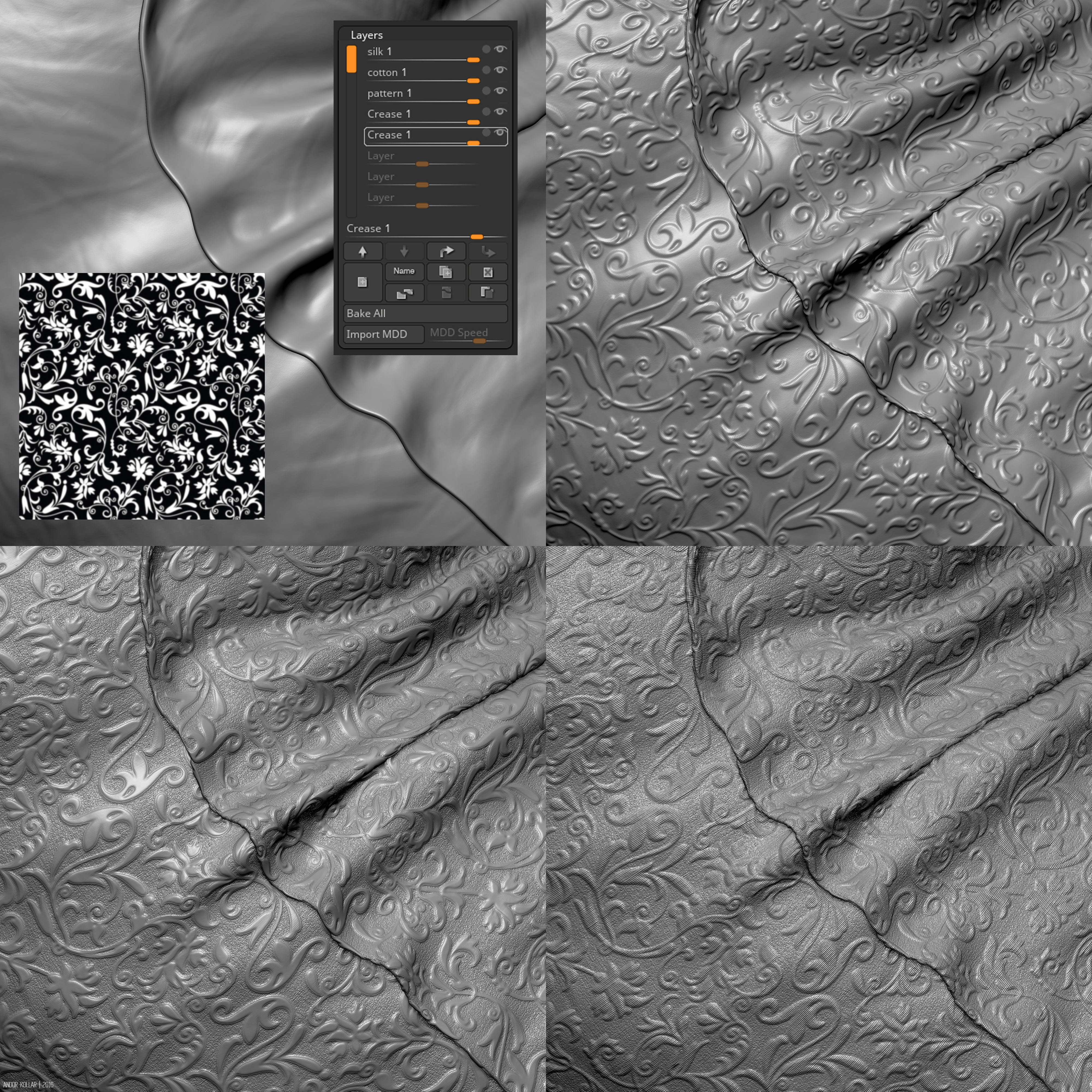 Floral pattern and silk texture for fabric with NoiseMaker in ZBrush
