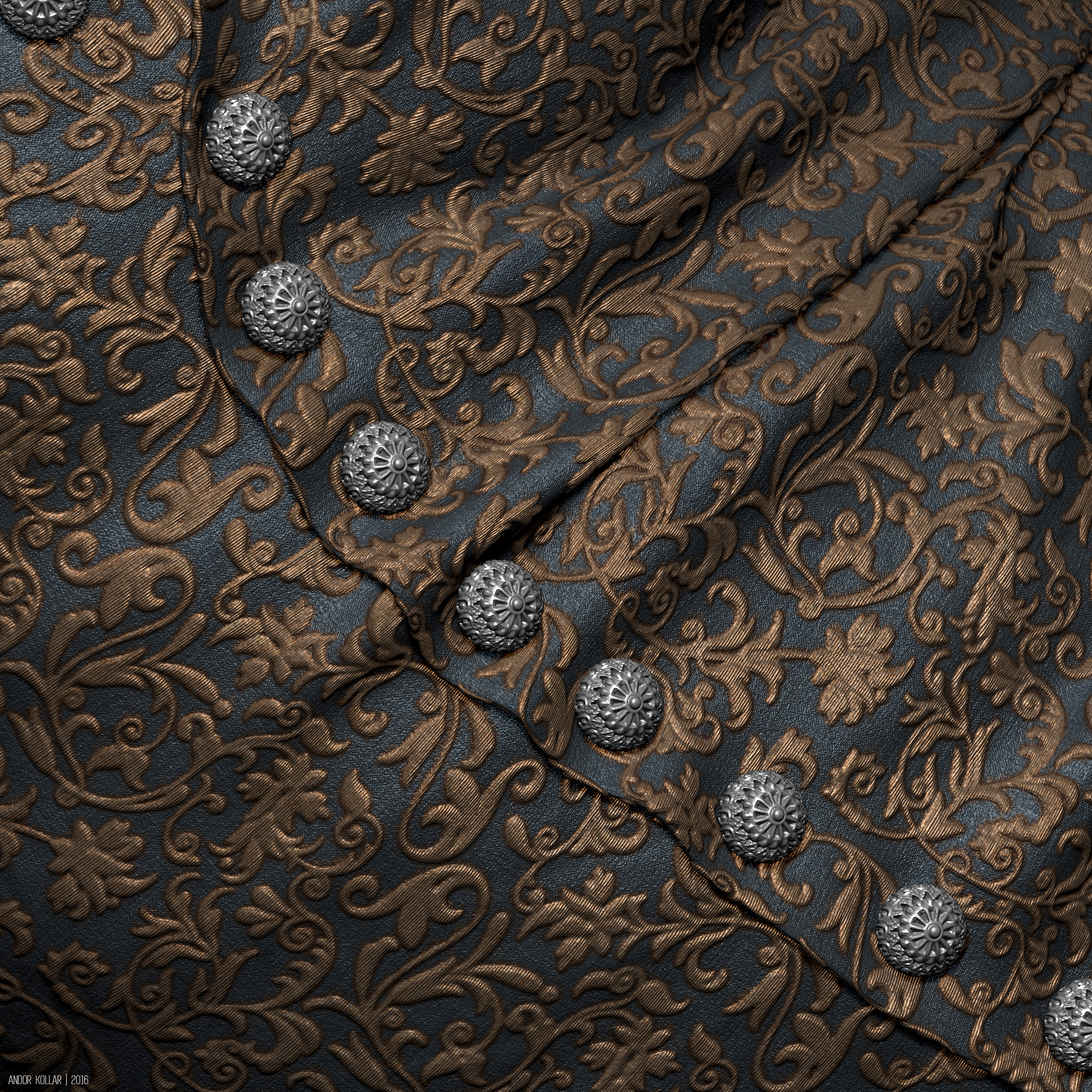 Blue and gold floral pattern with silk texture for an ornamented vest with NoiseMaker in ZBrush