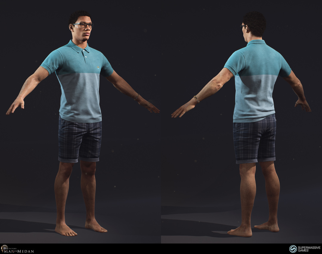Brad is character from The Dark Pictures - Man of Medan game in Unreal Engine. He is an african american guy in blue polo shirt and in plaid shorts.