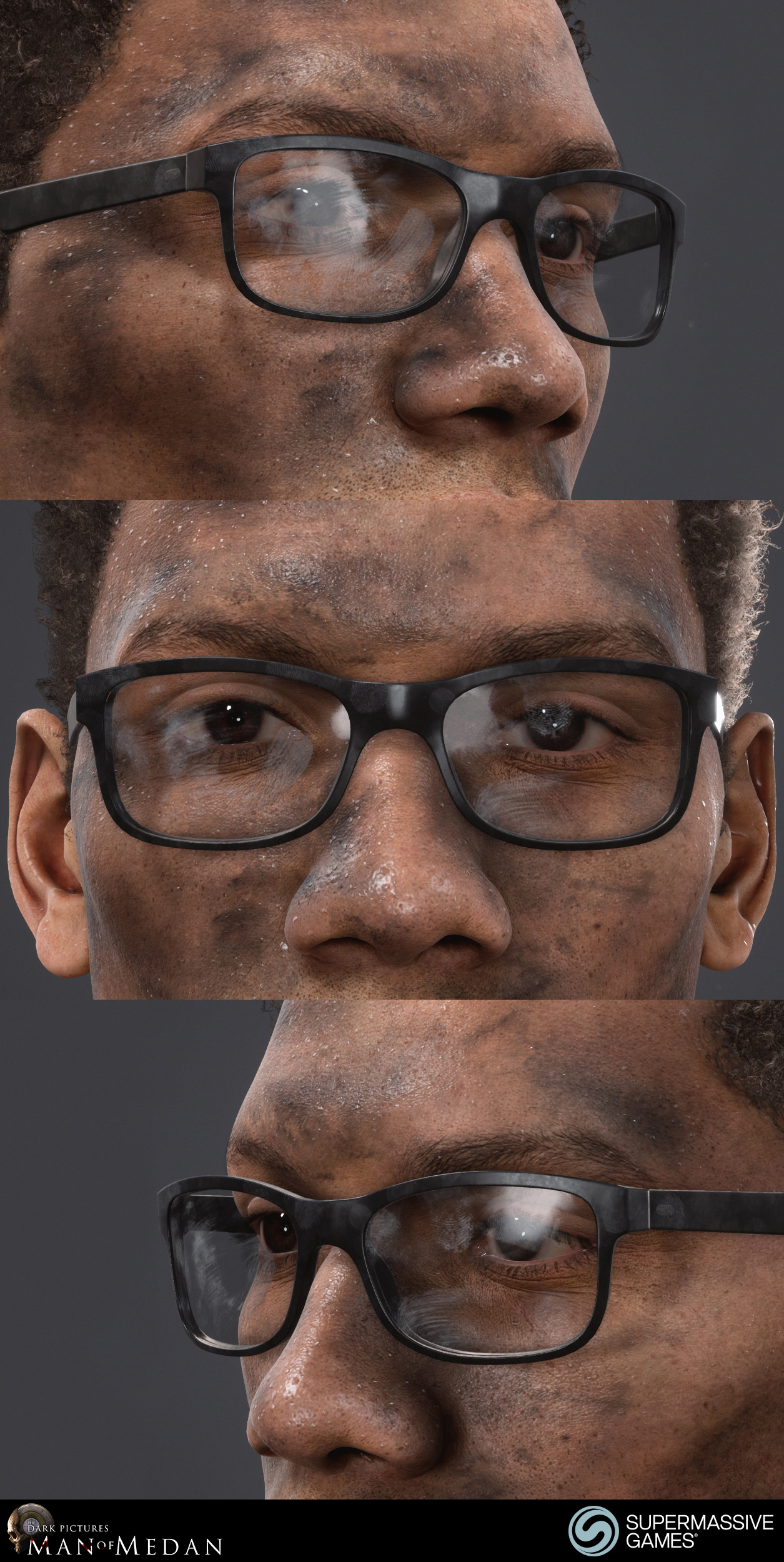 Brad is character from The Dark Pictures - Man of Medan game in Unreal Engine. Dirty face and glasses.