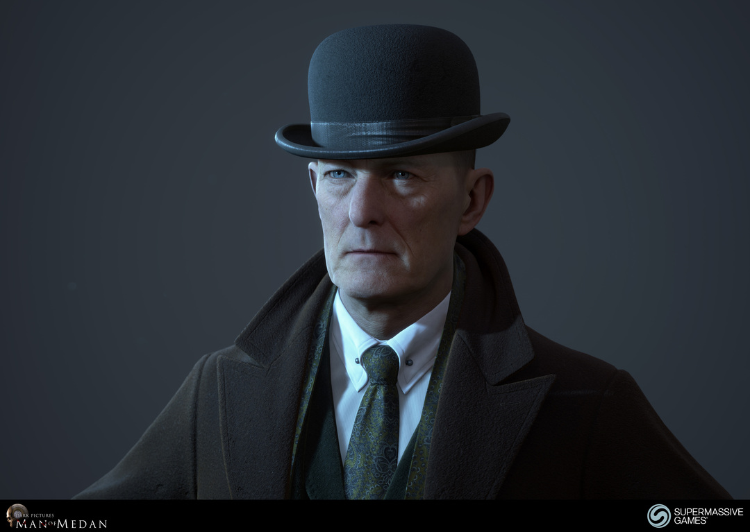The Curator character in trench coat and with bowler hat from The Dark Pictures game in Unreal Engine. Andor Kollar